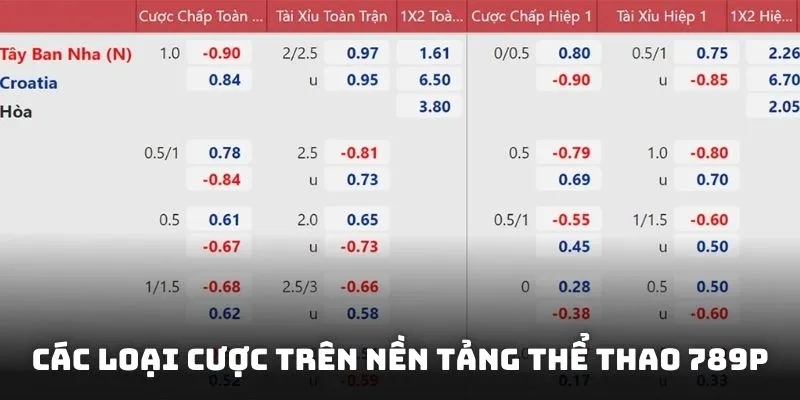 Các loại cược trên nền tảng thể thao 789P